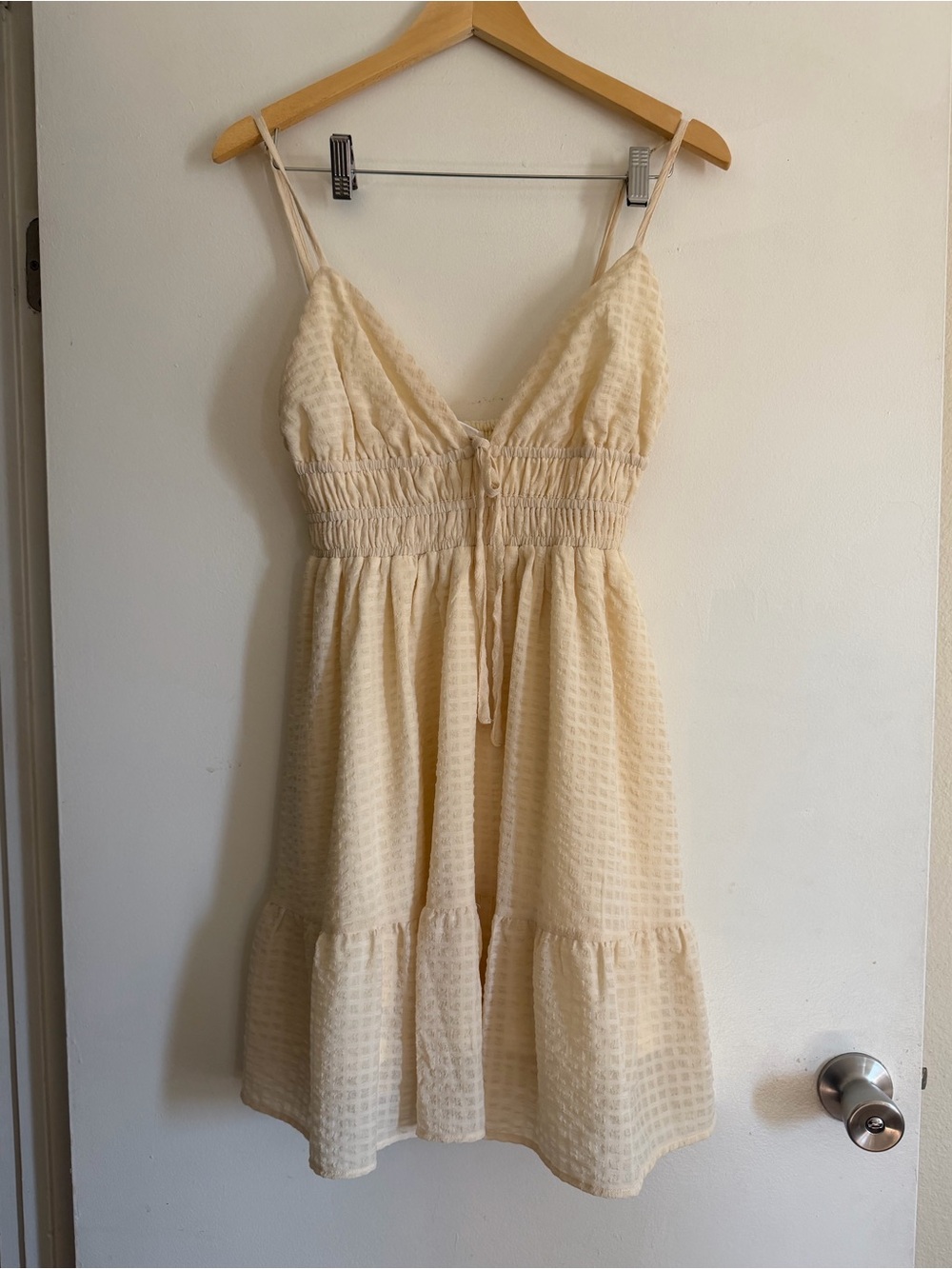Full Tilt Cream Waffle-Texture Sundress with Spaghetti Straps